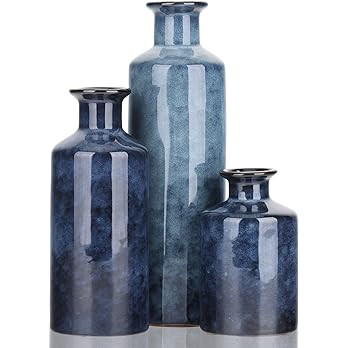Blue Ceramic Vases Set - 3 Waterproof Blue Small Vase, Farmhouse Country Blue Vases Home Decor, L... | Amazon (US)