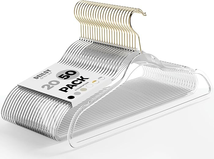 Clear Thin Hangers with Gold Hook Non-Velvet Hangers 50 Pack | Amazon (US)