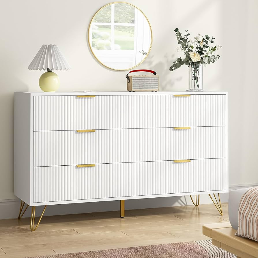 White 6 Drawer Dresser with Golden Handle, Fluted Wood Dressers, Modern Chest for Bedroom, Living... | Amazon (US)