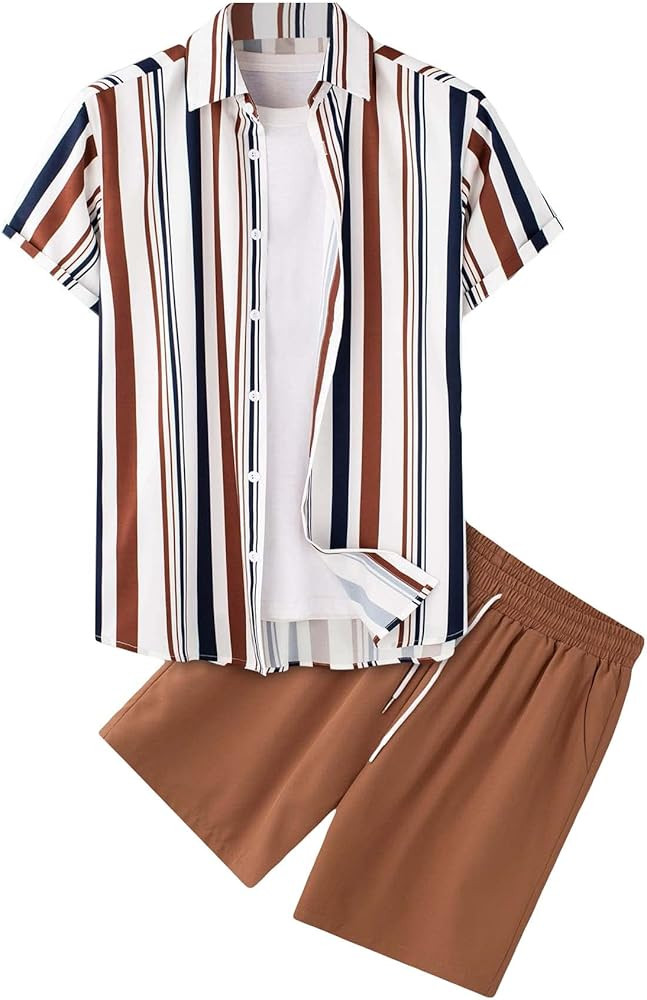 Floerns Men's Two Piece Outfit Printed Shirt Top and Drawstring Waist Shorts Set | Amazon (US)