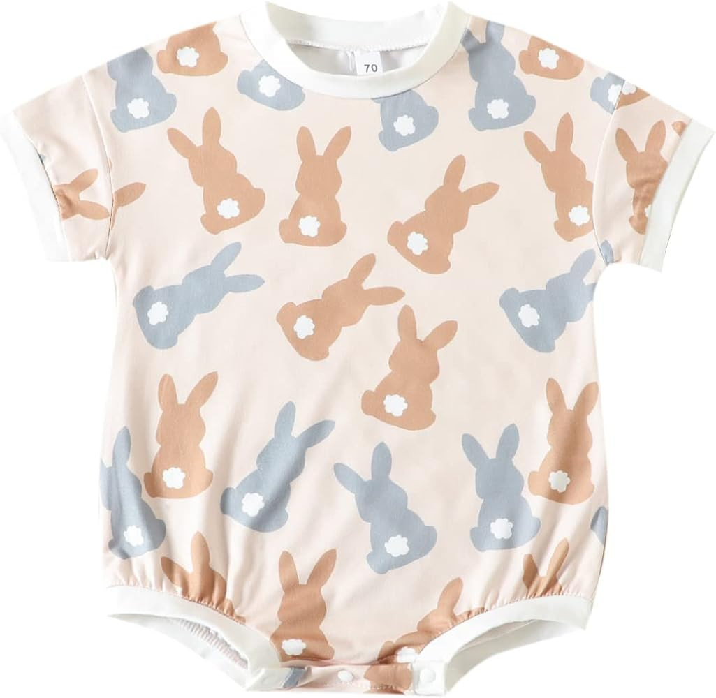Infant Baby Girl Boy Easter Outfit Cute Bunny T Shirt Romper Oversized Bubble Onesie Floral Short... | Amazon (US)