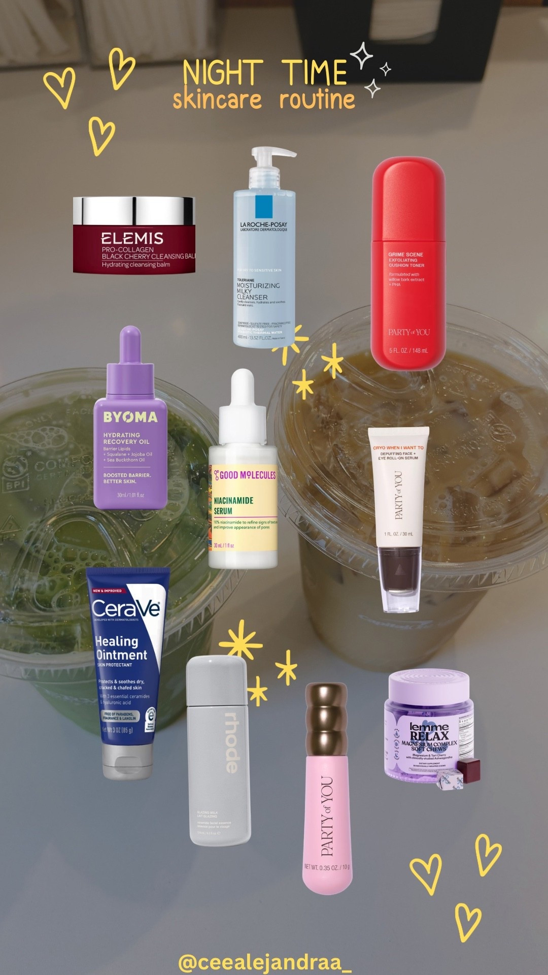 My actual nighttime skincare routine as a busy mom in her 30s 🌙

this is what’s on my bathroom counter every single night. A mix of drugstore and splurge picks that actually work for tired, sensitive skin.
Here’s everything linked in order of application:
	1.	Elemis Pro-Collagen Black Cherry Cleansing Balm — first cleanse, dissolves makeup and SPF effortlessly
	2.	La Roche-Posay Toleriane Moisturizing Milky Cleanser — gentle second cleanse, perfect for sensitive skin
	3.	Party of You Prime Scene Exfoliating Cushion Toner — willow bark + PHA, exfoliates without stripping
	4.	Byoma Hydrating Recovery Oil — squalane + jojoba for serious barrier repair
	5.	Good Molecules Niacinamide Serum — 10% niacinamide, minimizes pores and evens skin tone
	6.	Party of You Chyo When I Want To Eye Roll-On — depuffs and brightens under eyes overnight
	7.	Rhode Glazing Milk — the hydration layer everything else locks in over
	8.	Party of You Lip Product — sleeping with soft lips is non-negotiable
	9.	CeraVe Healing Ointment — seals dry patches and locks in the whole routine
	10.	Lemme Relax Magnesium Complex — because good skin starts from within 🤍



nighttime skincare, PM routine, barrier repair, niacinamide, sensitive skin routine, skincare for moms, skincare in your 30s, drugstore skincare, Rhode skincare, CeraVe routine, La Roche-Posay, Elemis cleansing balm, affordable skincare, anti-aging routine

#LTKselfcare #LTKmomlife #LTKmorningroutine