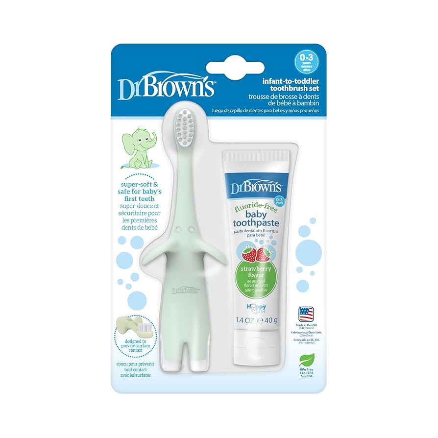 Dr. Brown’s Infant-to-Toddler Training Toothbrush Set, Mint Elephant with Fluoride-Free Strawbe... | Amazon (US)