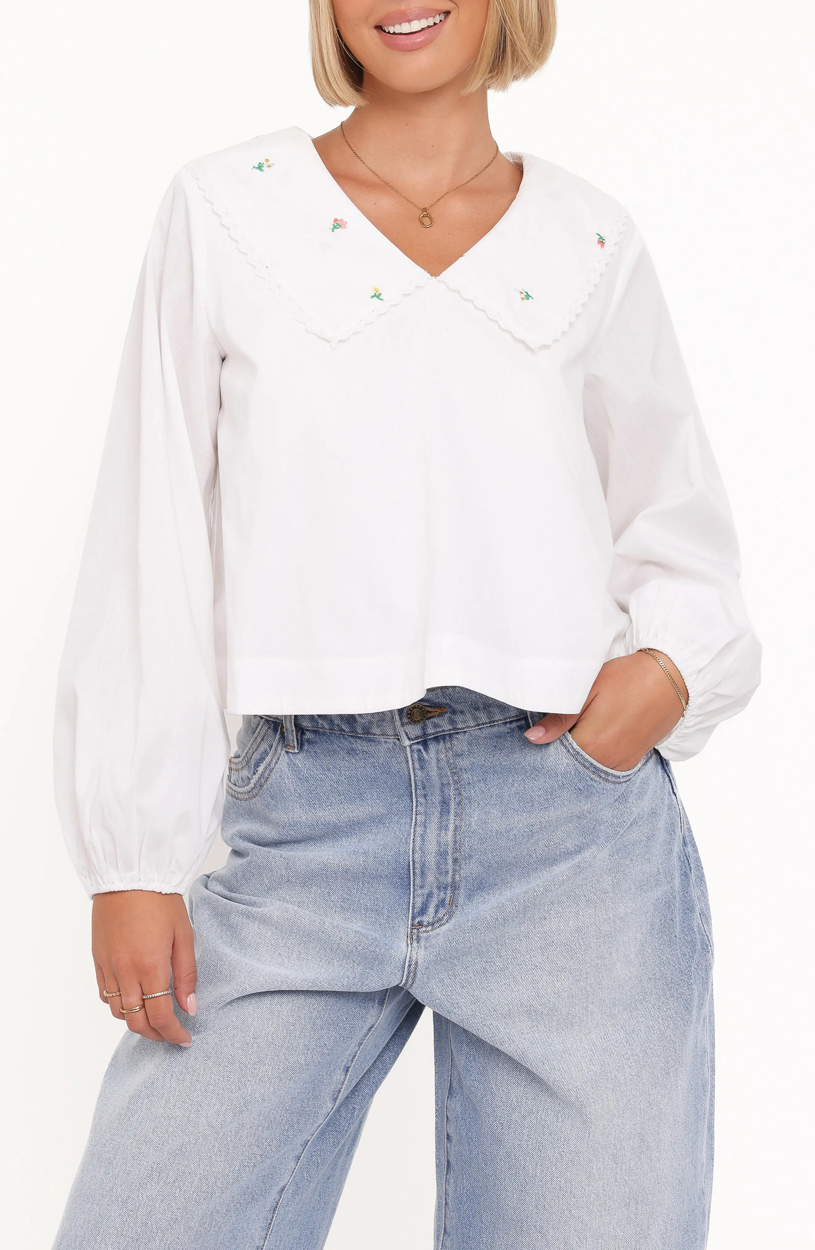 Petal & Pup Kenna Embroidered Collared Cotton Poplin Top in White Floral at Nordstrom, Size Medium | Nordstrom