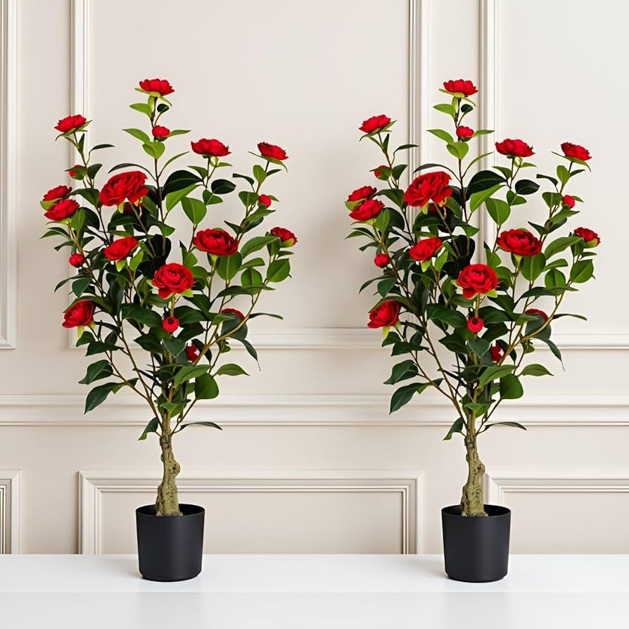 Artificial Camellia Tree 2 Pack, 3FT Faux Camellia Plant in Pot, 36 inch Fake Potted Camellia Flo... | Amazon (US)