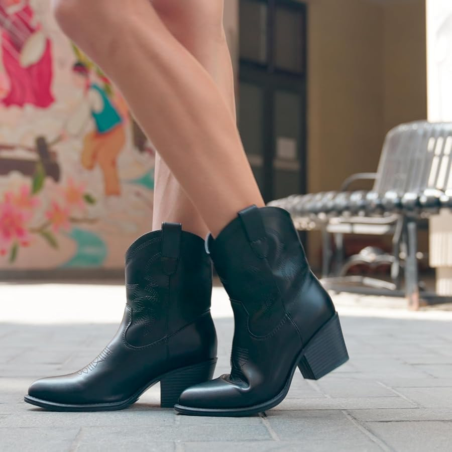 Cowboy Boots for Women Booties Ankle Cowgirl Western Boots Mid Calf Boots Pointed Toe Short Chunk... | Amazon (US)