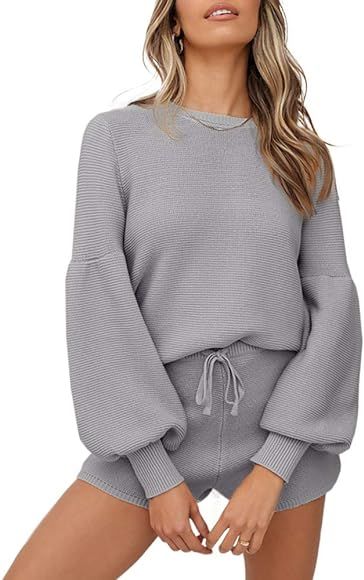 imesrun Womens Knit Pajamas Sets Lantern Long Sleeve Top and Drawstring Shorts Sleepwear Loungewear | Amazon (US)