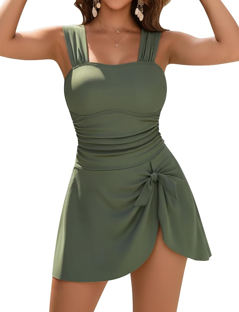 Blooming Jelly Womens One Piece Swim Dress Retro Tummy Control Modest Swimsuit Ruched Wide Strap ... | Amazon (US)