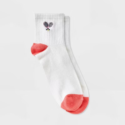 Women's Embroidered Tennis Ribbed Ankle Socks - Ivory/Peach 4-10 | Target