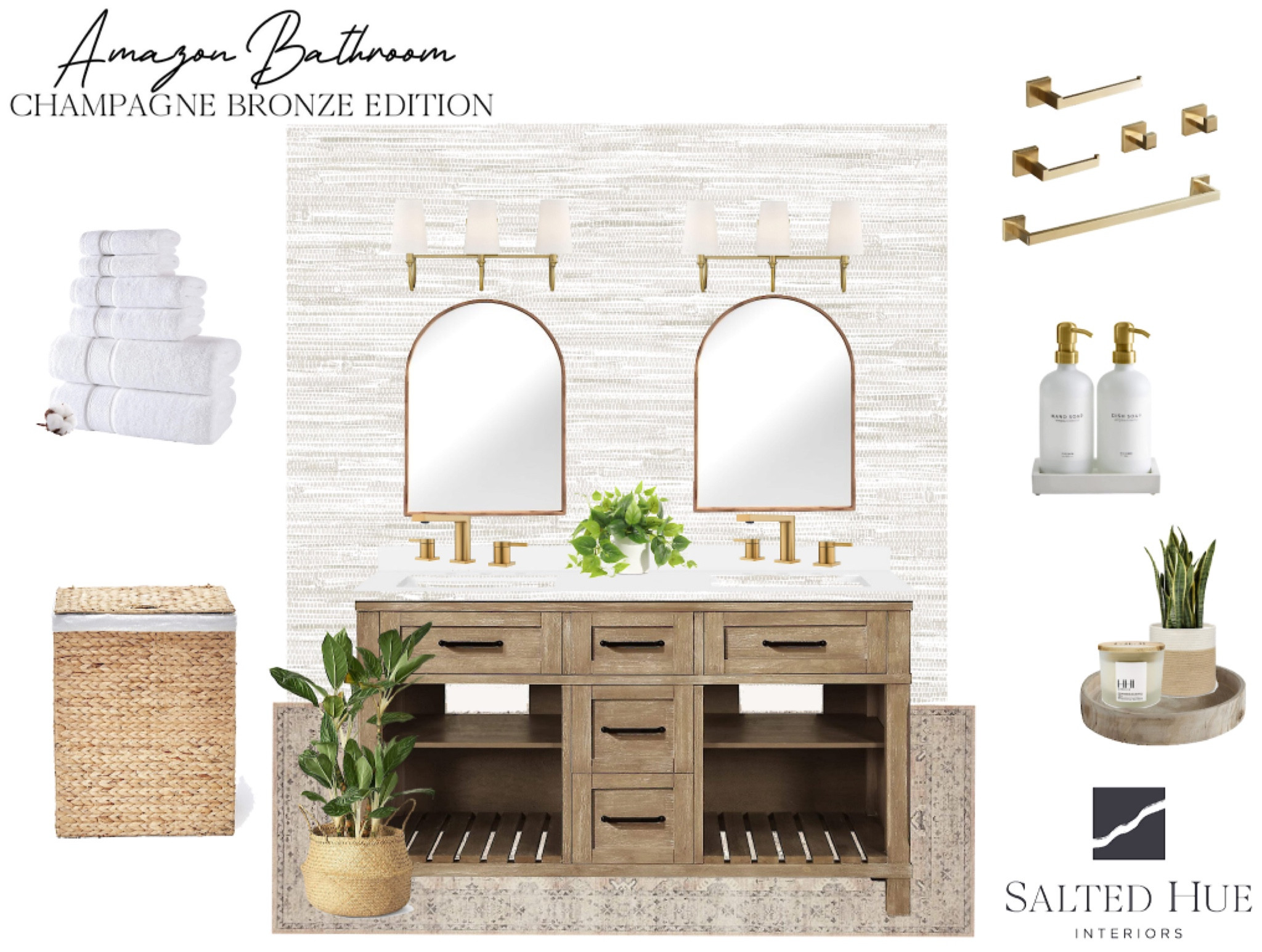 bathroom, wallpaper, vanity, rounded mirror, wall sconces, hardware, soap, plants, greenery, towels, hamper, rug, candle, tray, decor