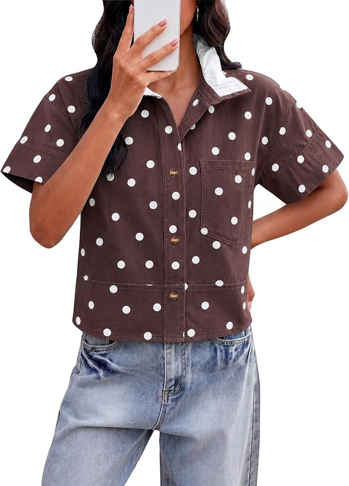 Tankaneo Womens Polka Dot Button Down Denim Shirt Short Sleeve Cropped Tops | Amazon (US)