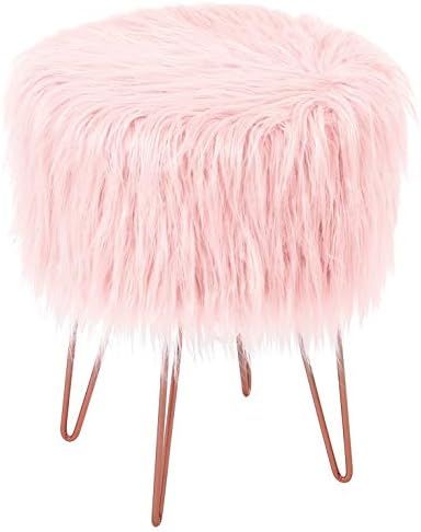BIRDROCK HOME Pink Faux Fur Vanity Stool Chair - Soft Furry Compact Padded Seat - Vanity, Living ... | Amazon (US)