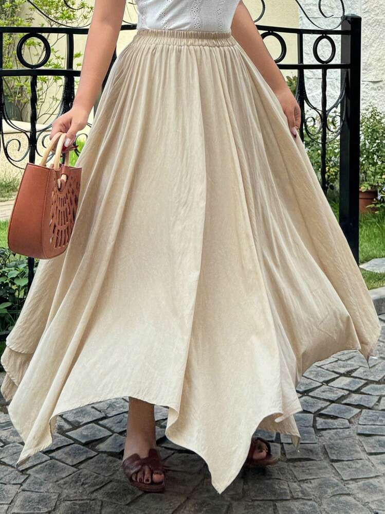 Dazy Plus Solid Color Elastic Waist Asymmetrical Hem Loose Elegant Skirt | SHEIN