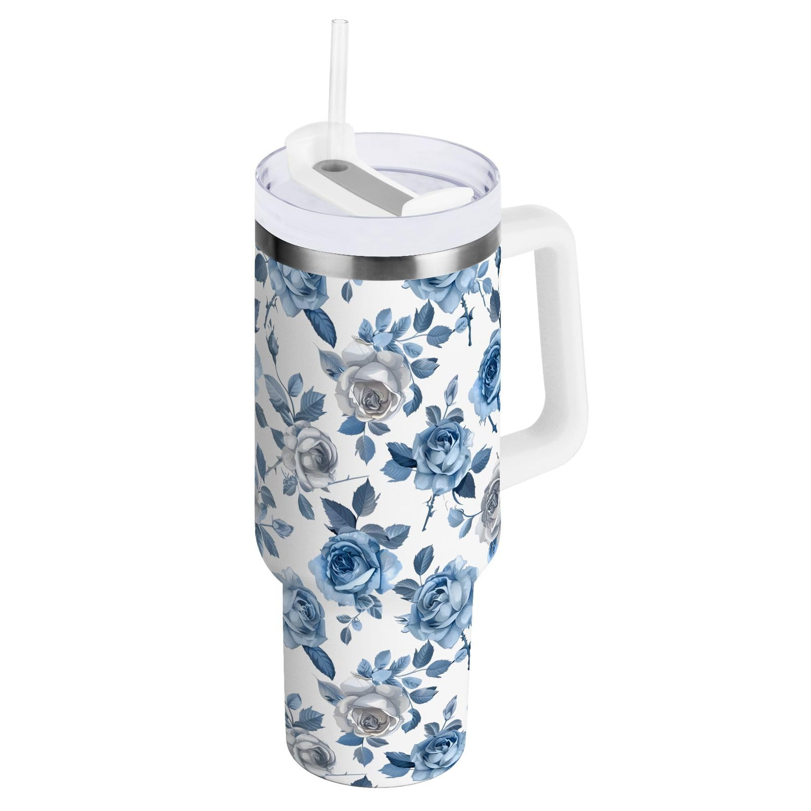 Blue Retro Rose Floral Stainless Steel Tumbler with Handle and Straw, Water Bottle Reusable Insul... | Amazon (US)