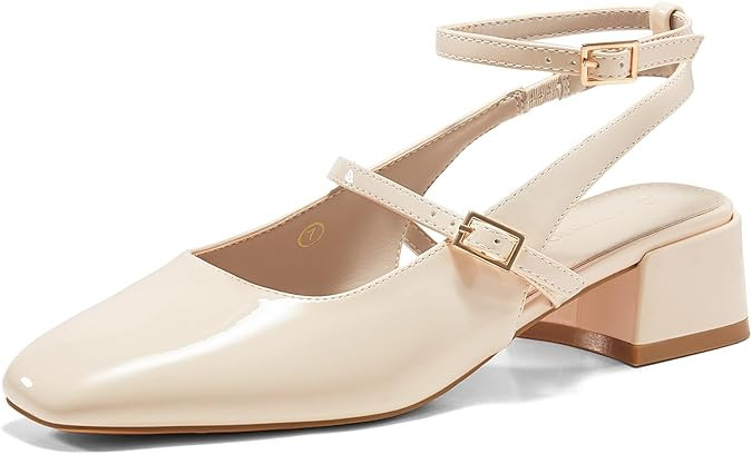 Coutgo Womens Mary Jane Chunky Low Heels Closed Square Toe Ankle Strap Pumps Wedding Party Dress ... | Amazon (US)