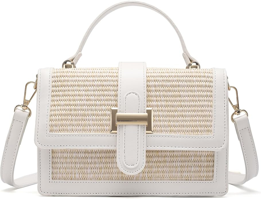 Straw Crossbody Bag, Vegan Leather Patchwork Summer Purse with Top Handle, Small Woven Bag for Be... | Amazon (US)