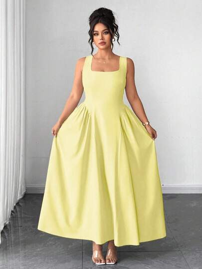 SHEIN Elenzya Plus Size Women's Elegant Square Neck Spaghetti Strap Slimming A-Line Ruched Midi Dress, Mint Green Color, Suitable For Office, Commute, Graduation, Holiday, Valentine's Day, Music Festival, Mother's Day, Halloween, Thanksgiving, Easter, National Day, Prom, Date Party, Wedding Season, Outdoor Activities Occasion Dresses For Women Evening Dresses For Women Latest Dress Yellow Maxi Dress Yellow Wedding Guest Dress Women Yellow Sundress For Women Women's Sundress Yellow Dress | SHEIN