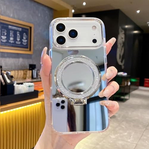 LUVI Compatible with iPhone 17 Pro Max Mirror Stand Case Bling Kickstand Ring Makeup Electroplate Fashion Glossy Luxury Cool Cute Shockproof Protective Cover for Women Girls Silver | Amazon (US)
