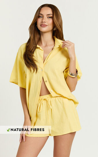 Vina Del Mar Two Piece Set - Linen Look Shirt and Shorts Set in Yellow | Showpo (ANZ)