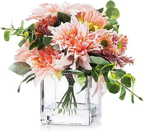 Enova Home Mixed Artificial Dahlia Flower Arrangement in Cube Glass Vase with Faux Water for Home... | Amazon (US)