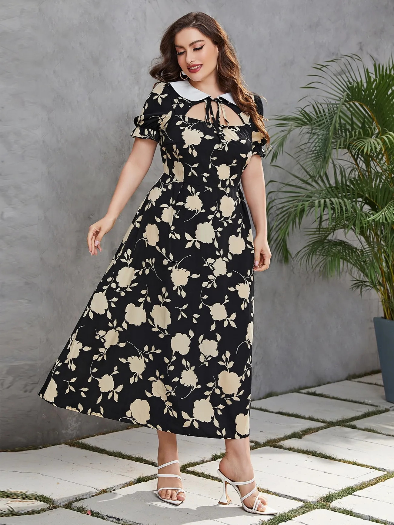 Plus Size Elegant Dress, Women's Plus Floral Print Short Sleeve Peter Pan Collar Cut Out Maxi Dre... | Temu Affiliate Program