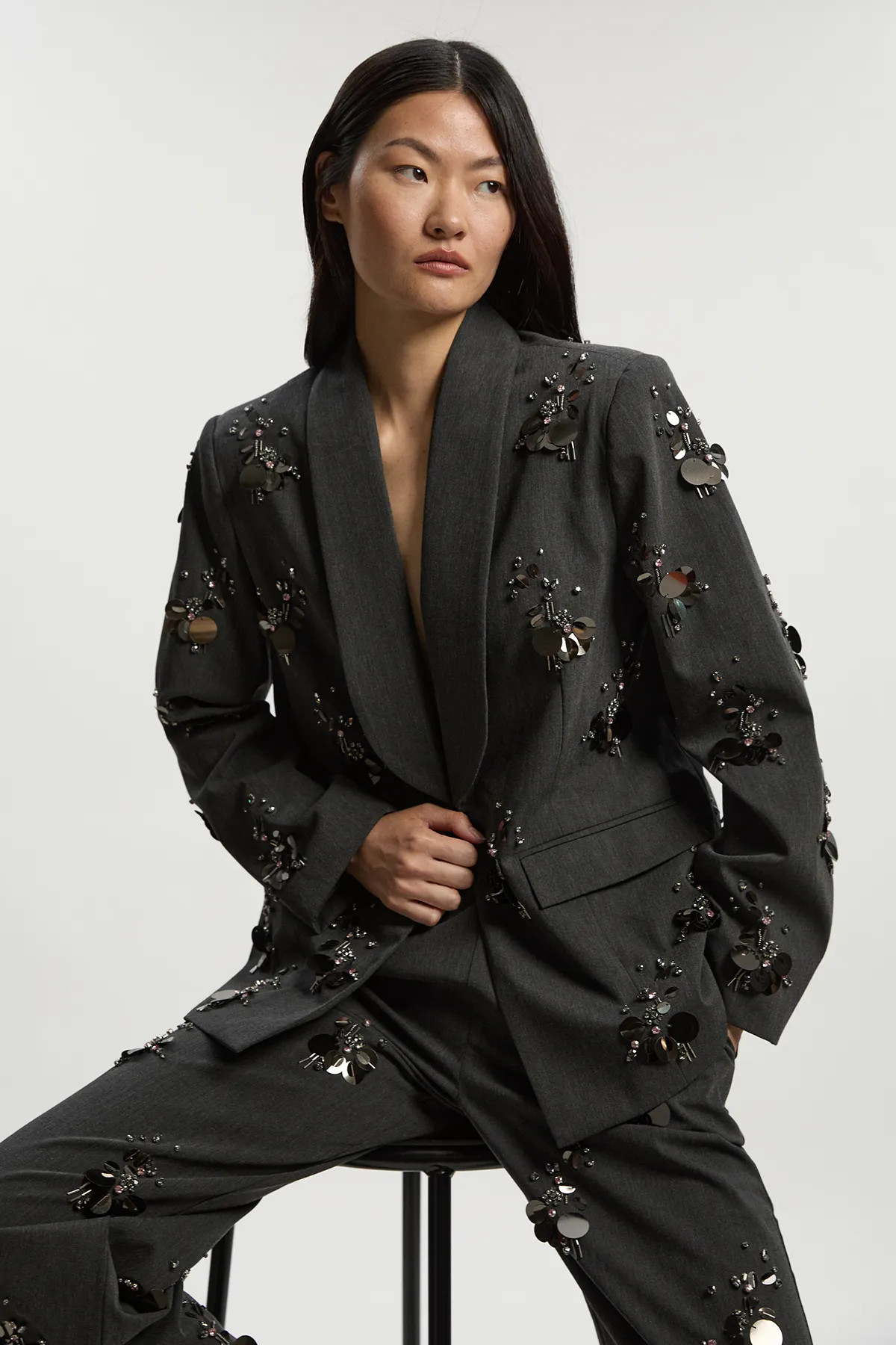 Cluster Sequin & Crystal Embellished Tailored Single Breast Blazer | Karen Millen US