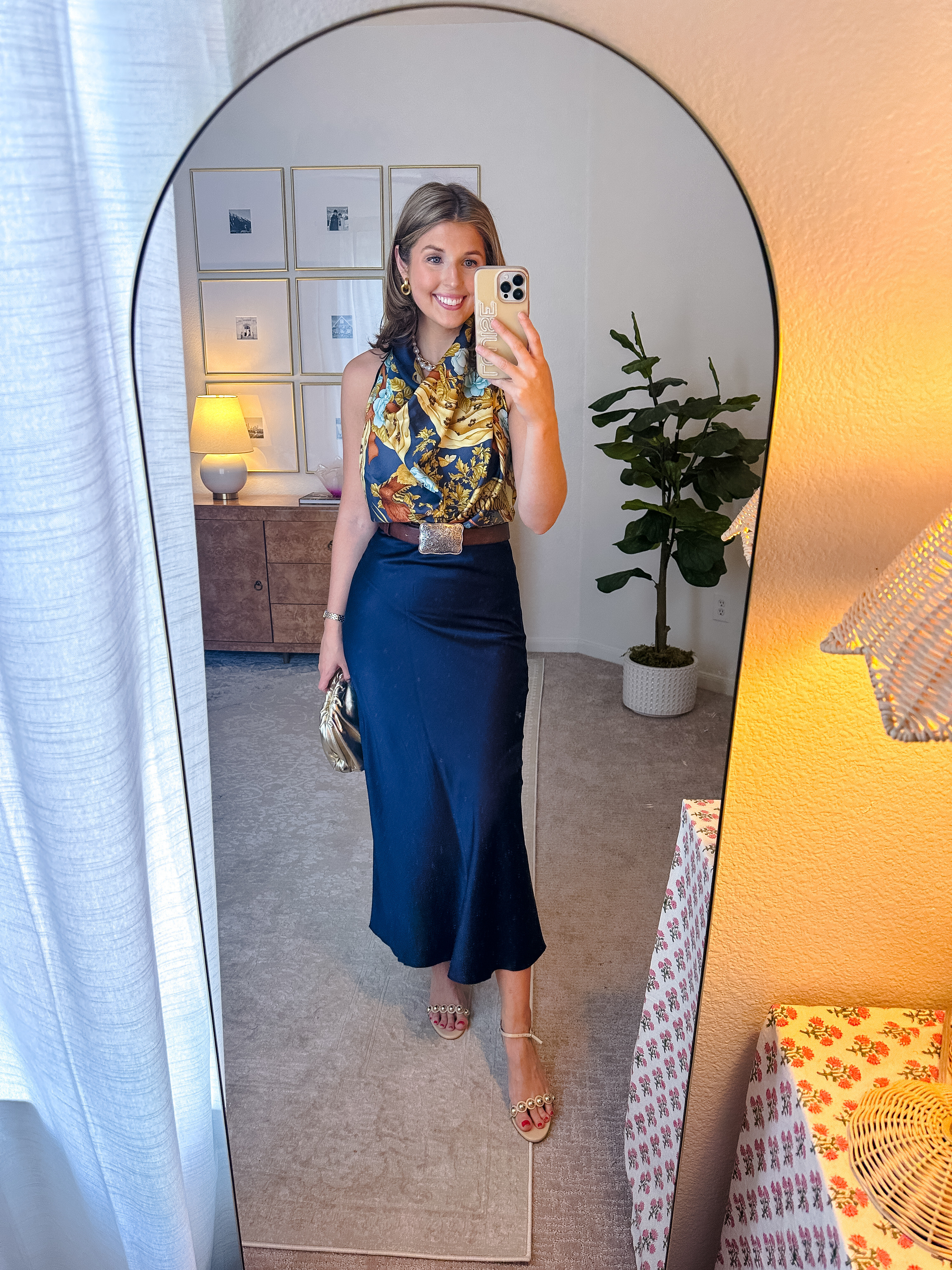 Western chic outfit idea! Wearing an XS in skirt and scarf is vintage Ferragamo!