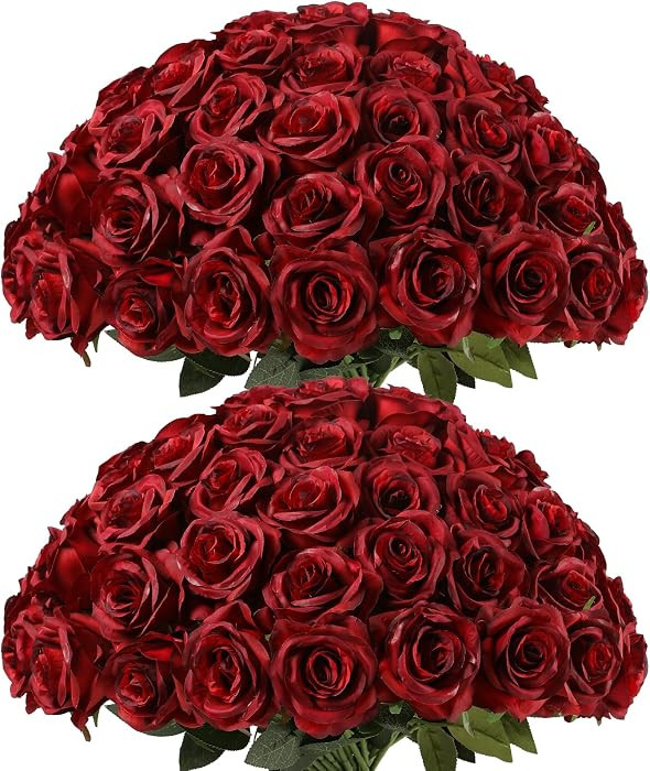 Kisflower 80 Pcs Burgundy Roses Artificial Flowers Bulk, Maroon Flowers Artificial Silk Roses wit... | Amazon (US)