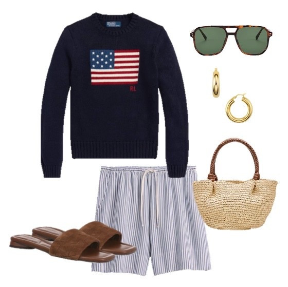 American flag sweater outfit 
Linen shorts 
Beach vacation outfit 
Summer outfit 
Preppy outfit 
Patriotic outfit 
Fourth of July outfit 
Labor Day outfit 
Raffia bag 
Amazon aviator sunglasses
Americana

#LTKSeasonal #LTKSaleAlert