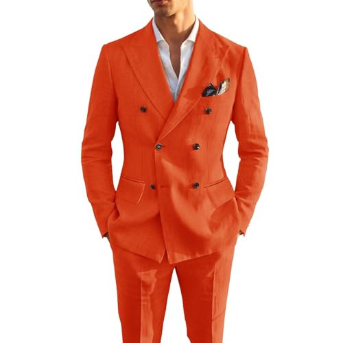 Orange 2 Pieces Sets Suit for Men Linen Slim Fit Double Breasted Men Suits for Summer Beach Prom Groom Wedding Orange L | Amazon (US)