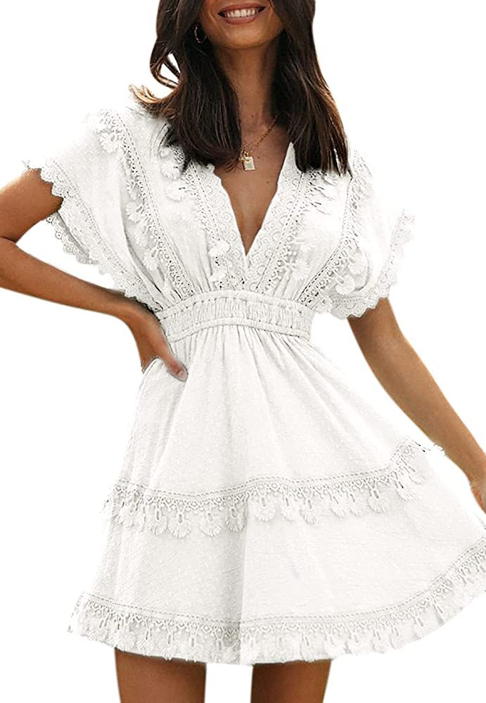 Vintagton Women's Summer Lace V Neck A Line Mini Dress Casual Swiss Dot Cap Sleeve Short Swing Sundr | Amazon (US)