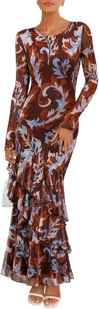 ZESICA Women's Fall Floral Wedding Guest Bodycon Dresses 2025 Long Sleeve Crewneck Mesh Ruffle Me... | Amazon (US)