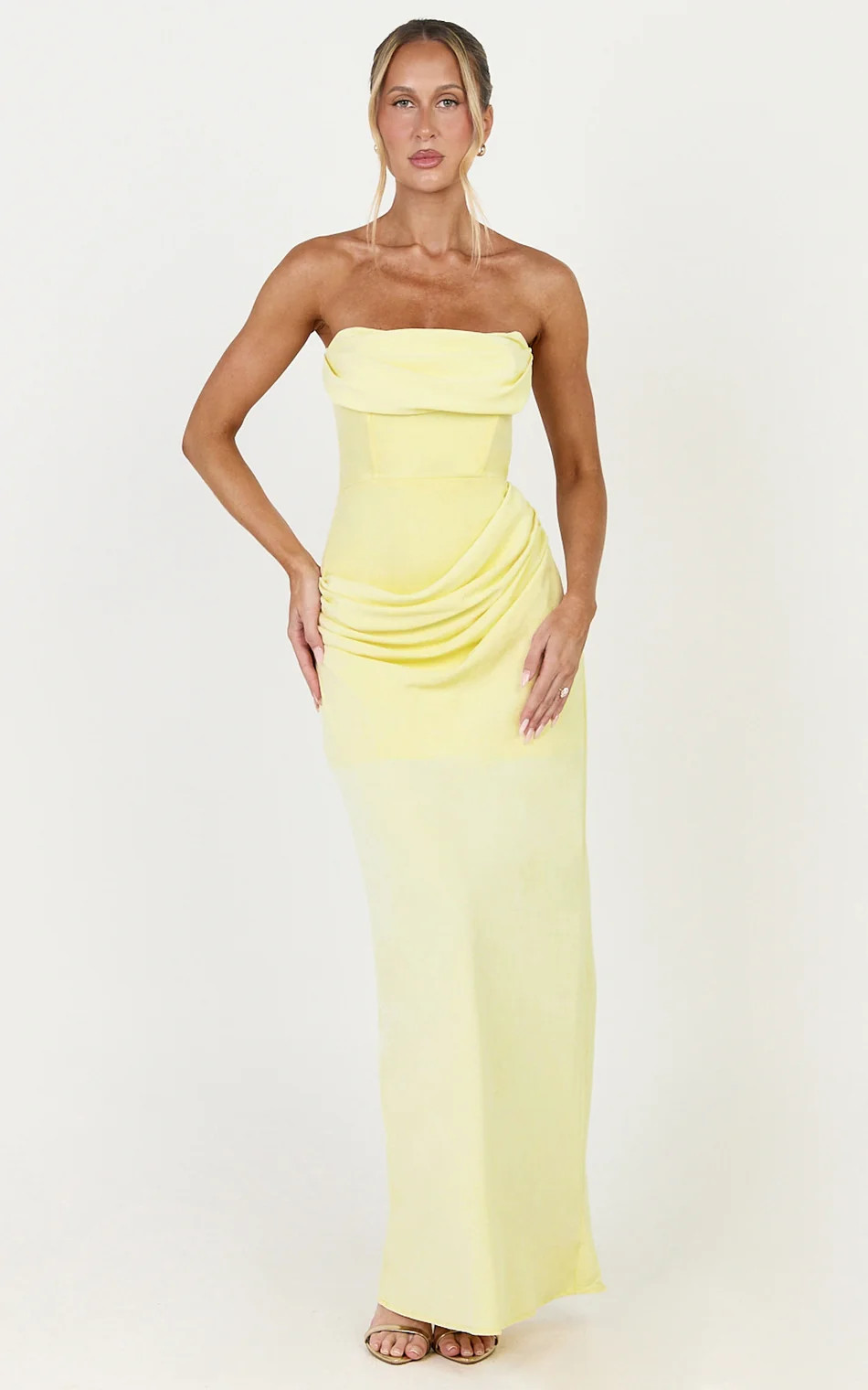 Strapless Structured Bodice Drape Skirt Dress in Lemon | Showpo (ANZ)