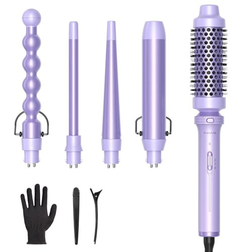 Wavytalk 5 in 1 Curling Iron,Curling Wand Set with Curling Brush and 4 Interchangeable Ceramic Curling Wand(0.5”-1.25”),Instant Heat Up,Include Heat Protective Glove & 2 Clips (Purple) | Amazon (US)