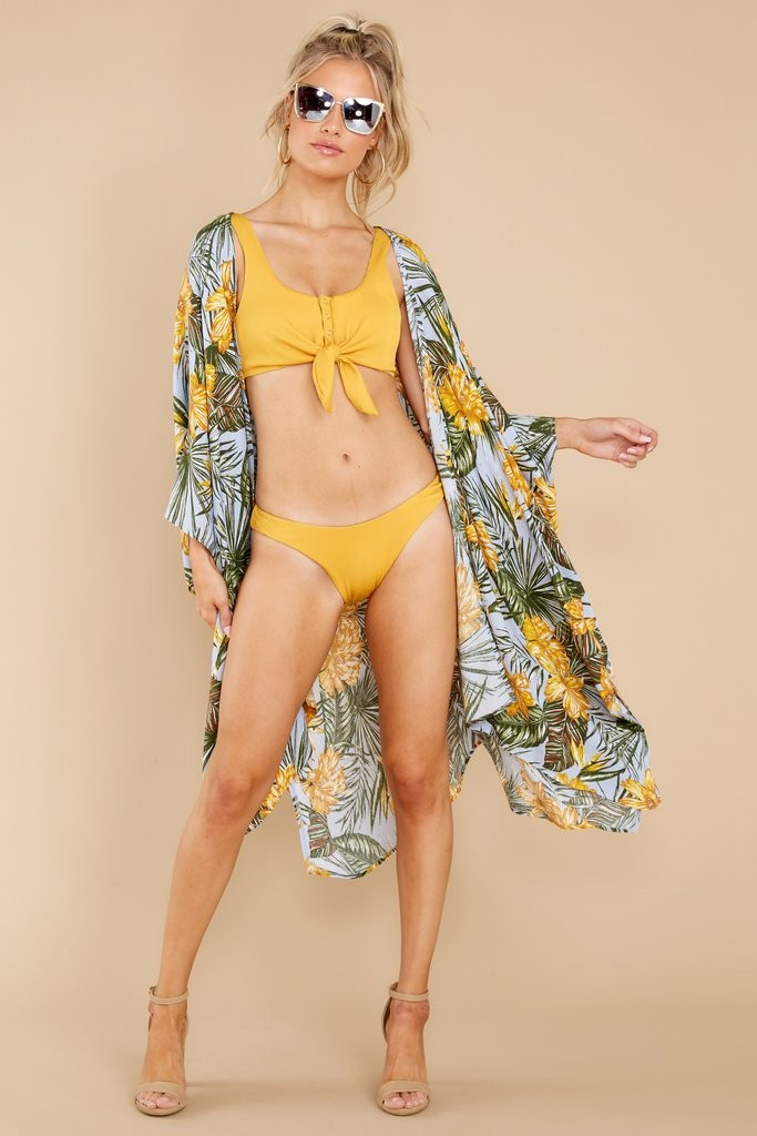 What Grows Around Sky Blue And Yellow Print Kimono | Red Dress 