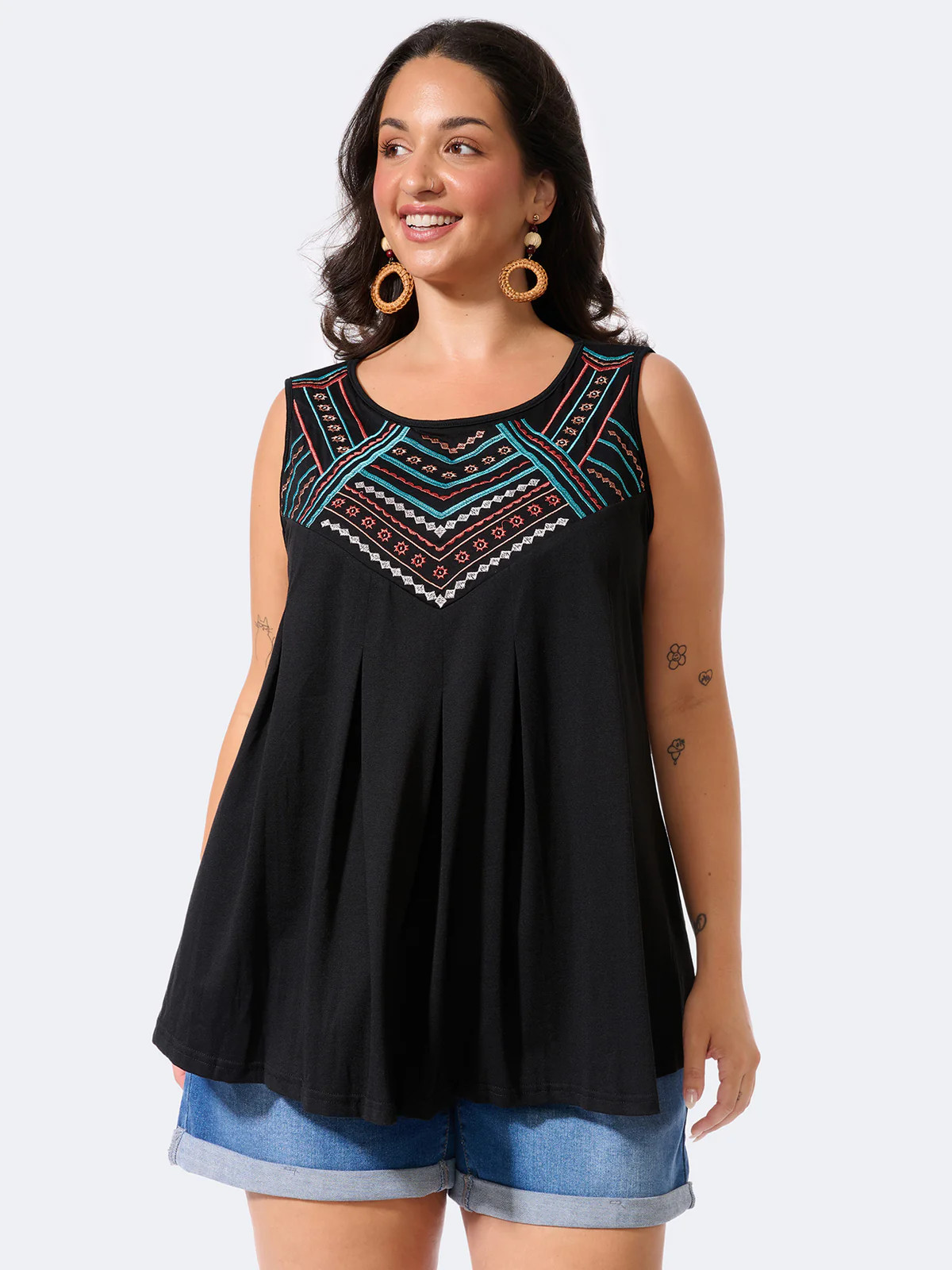 Embroidered Neckline Pleated Front Panel Tank Top | Bloomchic