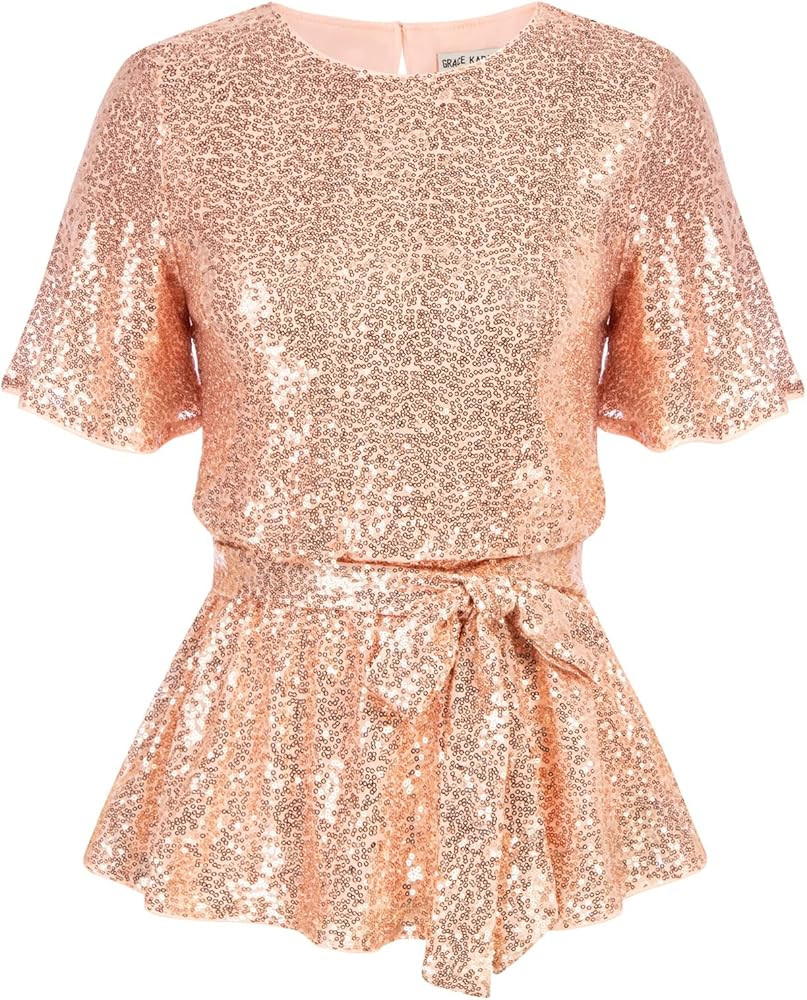 GRACE KARIN Women Sequin Party Cocktails Tops Short Sleeve Crew Neck Elastic Tie Waist Peplum Blo... | Amazon (US)