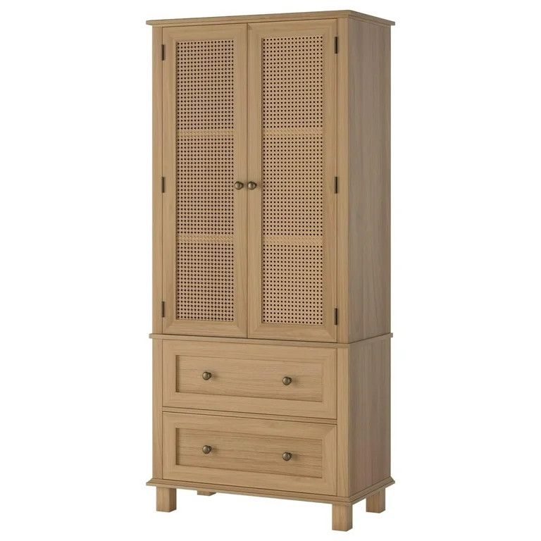 Kitchen Pantry Storage Cabinet, Tall Cabinet with Rattan Doors and 2 Drawers, Freestanding Cupboa... | Walmart (US)