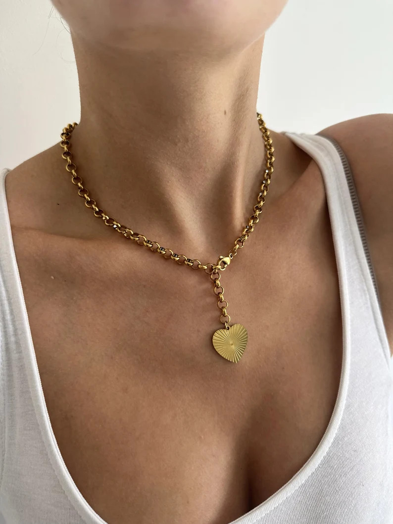 Gold Plated Heart Necklace Waterproof Necklace Gold Heart Choker Large Heart Necklace Chunky Gold... | Etsy (US)