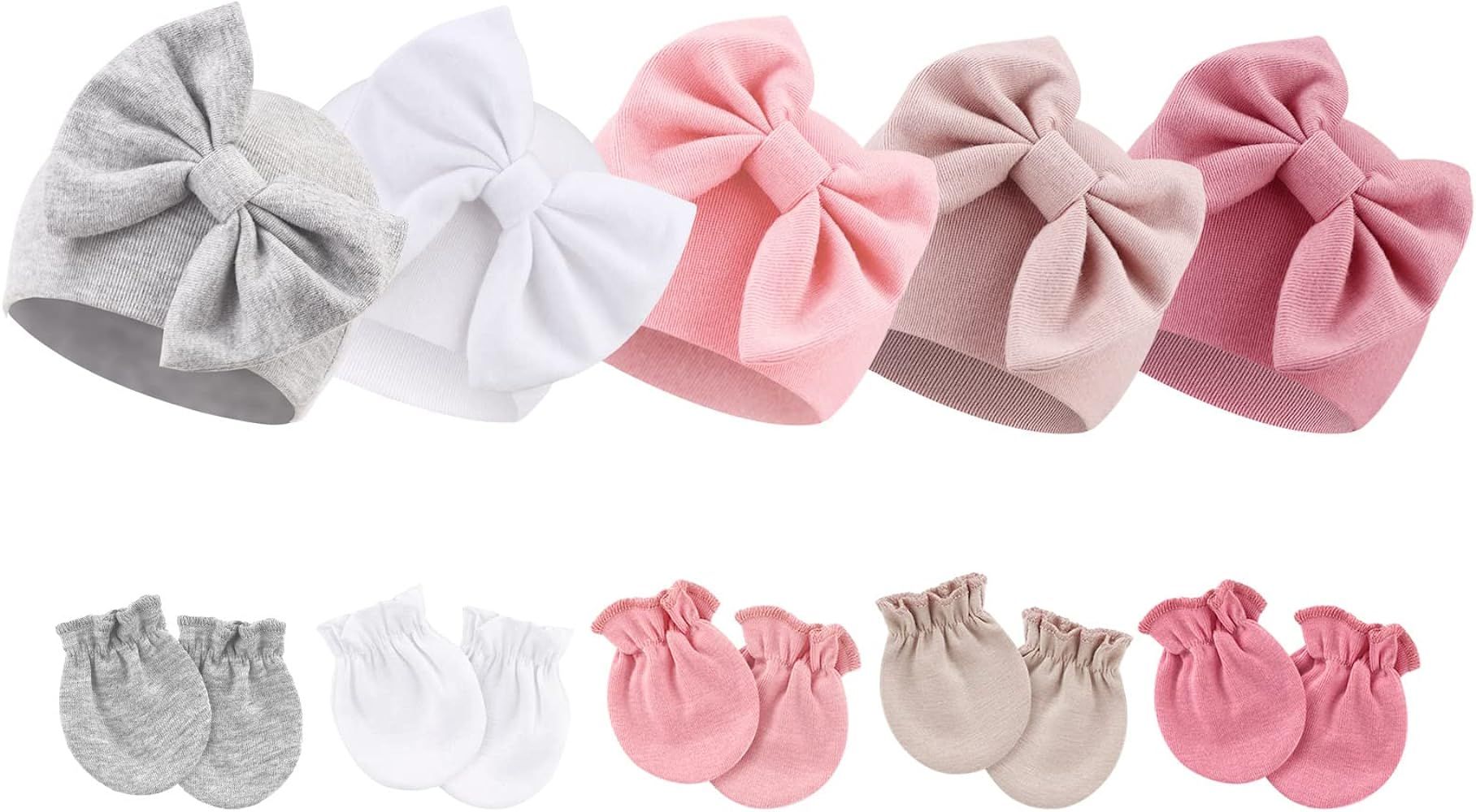 BQUBO Newborn Baby Girls Hats Mittens Set Hospital Hat Beanie Infant Bow Hats Baby Cotton Gloves ... | Amazon (US)