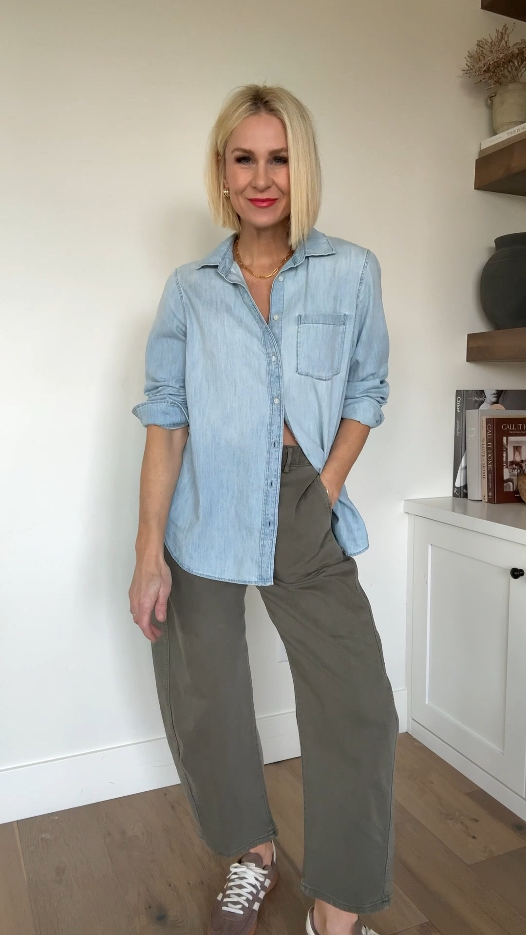 Neutral, staples, and a little dose of dopamine dressing! I’ve also worn these green pants and button down with a brown puffer vest, suede neutral jacket and a sweater /sweatshirt draped over my shoulders or layered. (ALL linked below!)
Cotton denim button down consider sizing up. I’m wearing a large for a flattering drape and no polling between the buttons , which never looks good .
Green pants are a loose fit, but I think fit true to size. Wearing a four regular lengthI always go down a half a size in Adidas. Wearing color flame in the jacket and I think it fits true to size, wearing a medium.

#LTKgrwm #LTKmomlife #LTKOver40