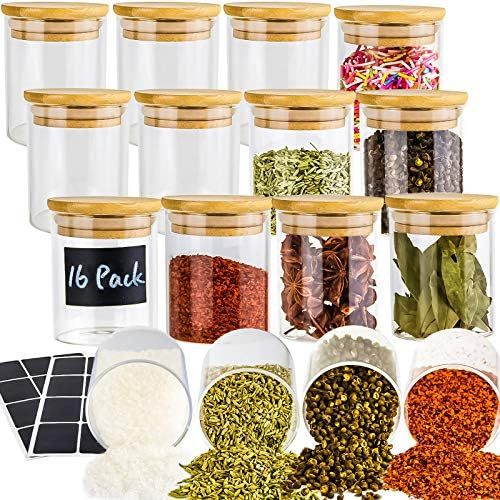 16 Pack Glass Jars with Lids, Airtight Bamboo Lids Spice Jars Set For Spice, Coffee, Beans, Candy, N | Amazon (US)