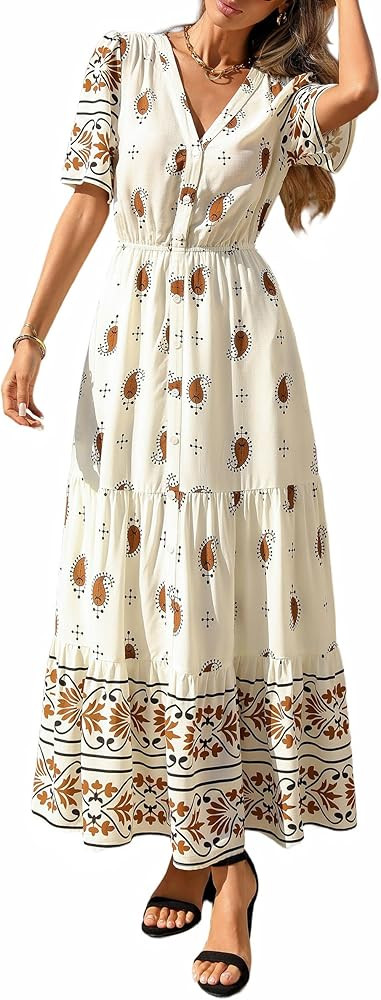 PRETTYGARDEN Womens Summer Boho Maxi Dress 2026 Trendy Short Sleeve V Neck Flowy Beach Floral Dre... | Amazon (US)