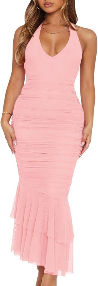 Women's Sexy V Neck Tie Halter Mesh Ruffle Hem Ruched Bodycon Cocktail Party Maxi Dresses | Amazon (US)
