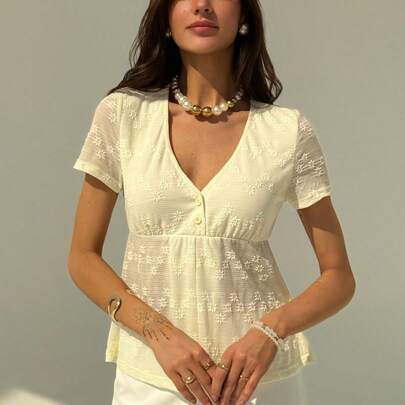 Women's Summer Elegant Solid Jacquard Blouse Summer Summer Outfits Summer Clothes Beach Outfits For Woman Beach Vacation Vacation Outfits Woman Boho | SHEIN