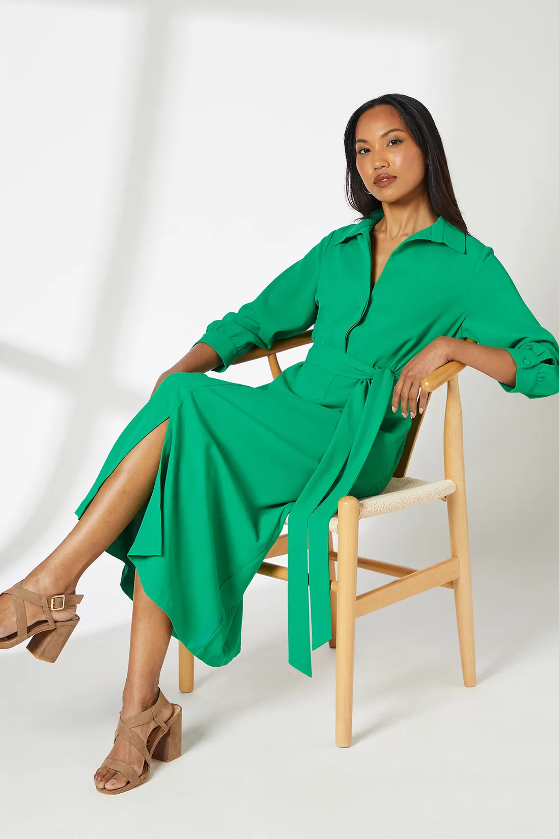 Dresses | Green Open Collar Belted Midi Dress | Principles | Debenhams UK