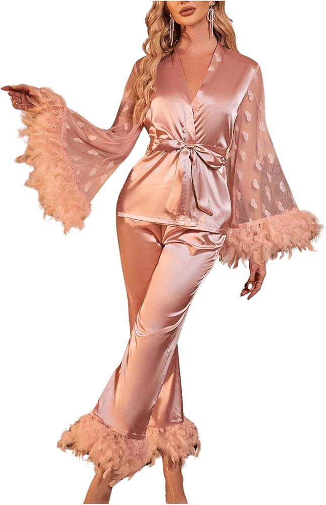 OYOANGLE Women's 2 Piece Pajama Set Satin Contrast Mesh Feather Trim Silk Long Sleeve Belted Top ... | Amazon (US)