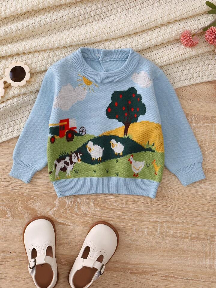 Baby Boys' Sweaters, Round Neck Long Sleeve Knitwear, Blue With Sky, Trees, Cows, Sheep, Cars And... | SHEIN