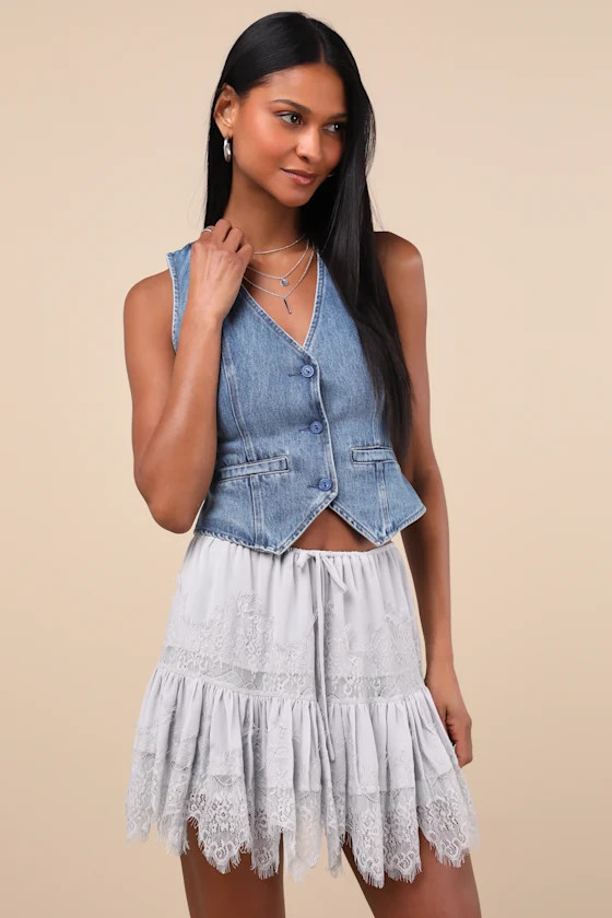 Cyla Dusty Blue Lace Tiered Mini Skirt | Lulus