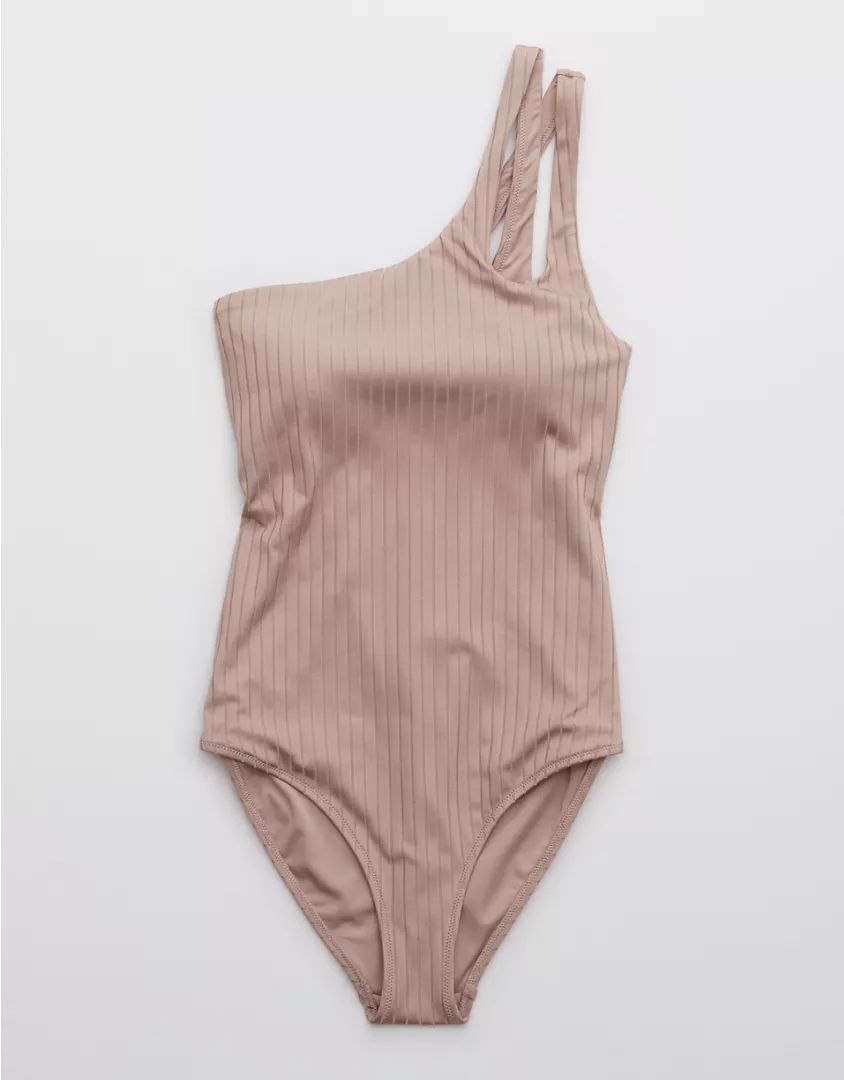 Aerie Ribbed Shine Asymmetrical One Piece Swimsuit | American Eagle Outfitters (US & CA)